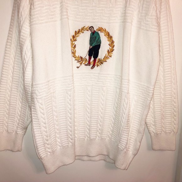 Vintage White Cotton HUGE Grampa Sweater XL Pringle Scotland Golf Embroidered - Picture 4 of 8